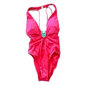 Trina Turk Bijou Plunge Coral Jeweled One-Piece Swimsuit